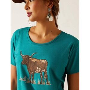 Ariat Teal Longhorn Watercolor‎ Graphic T Shirt Women's New Large Top